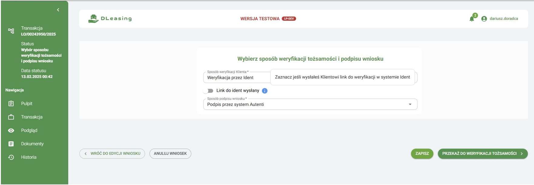 Dashboard systemu DLeasing z kluczowymi modułami