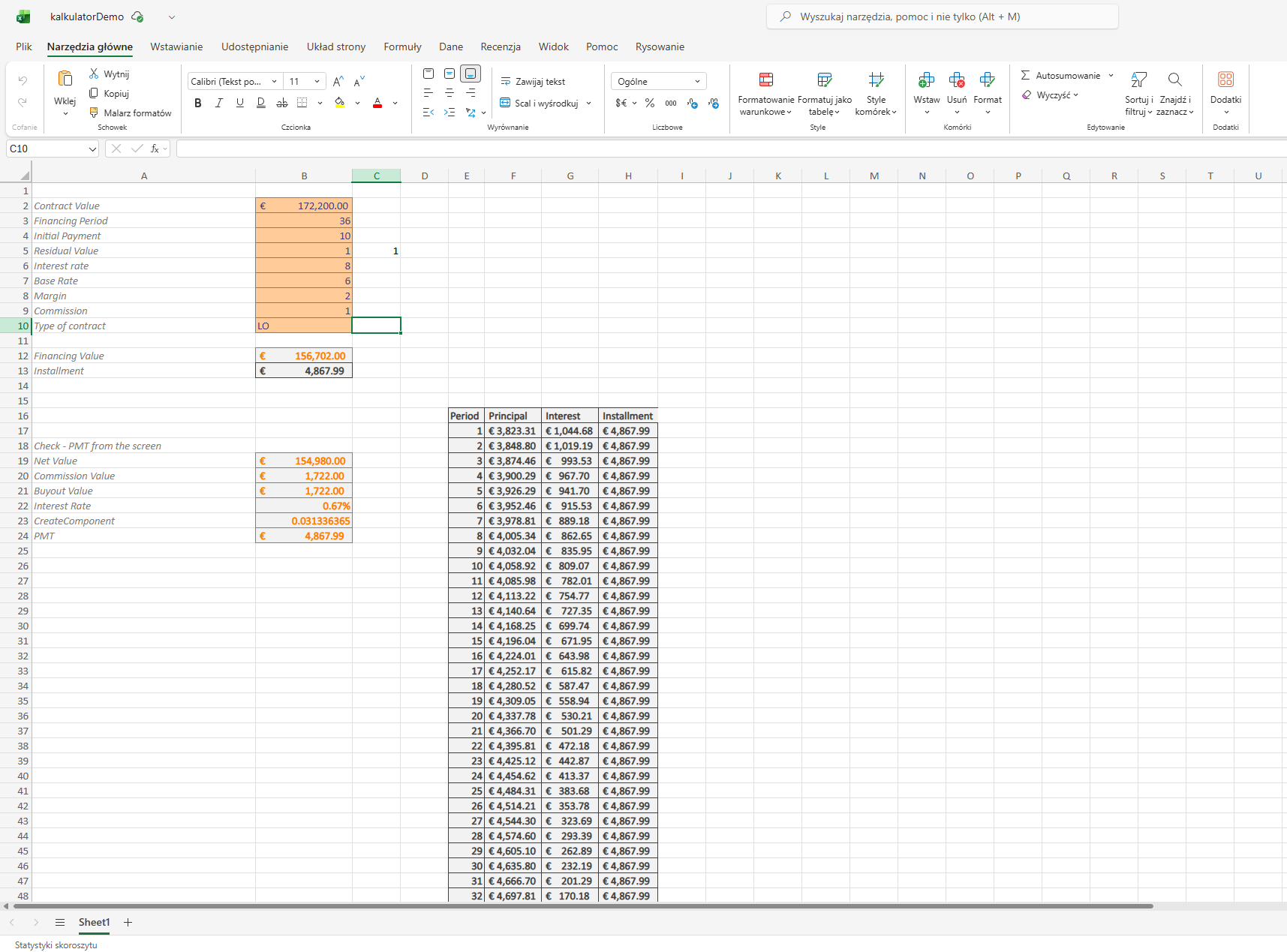 Przykładowy arkusz Excel z kalkulatorem